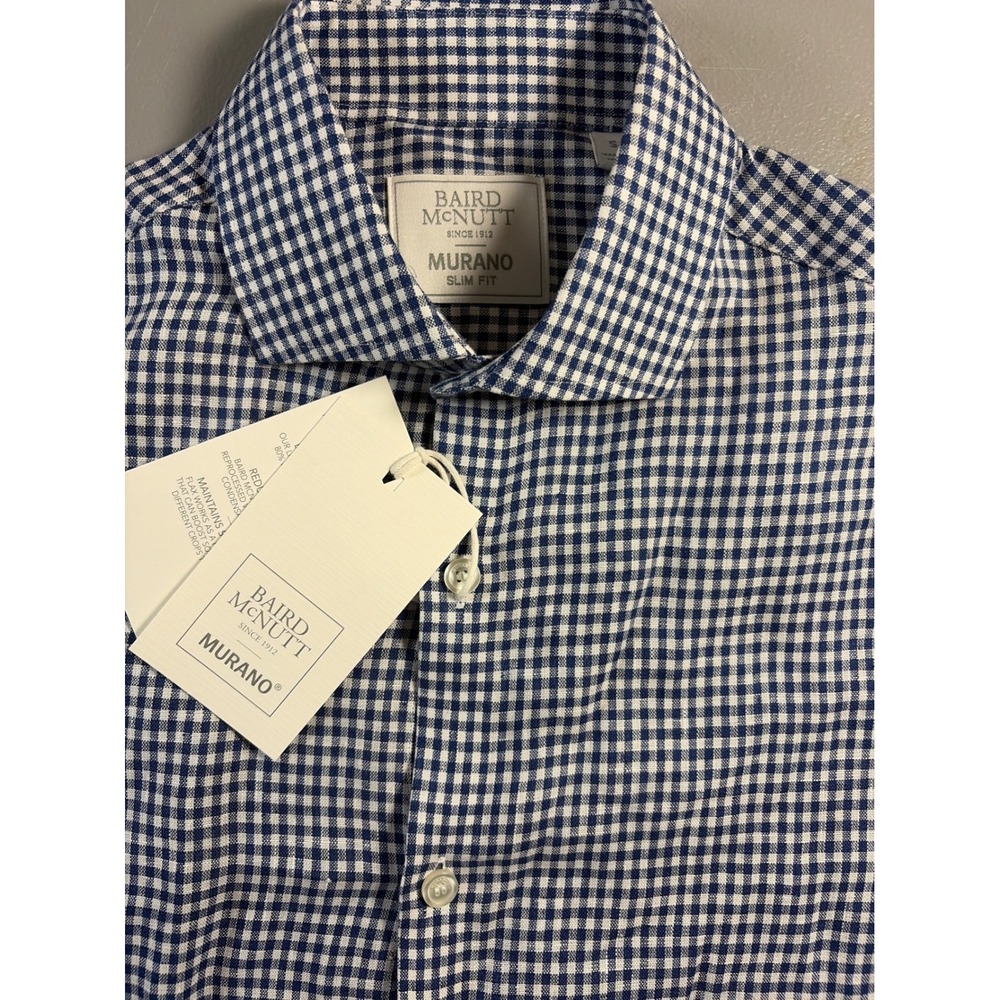 Murano Baird McNutt Linen Shirt Mens Small Blue Gingham Slim Fit Long Sleeve NWT